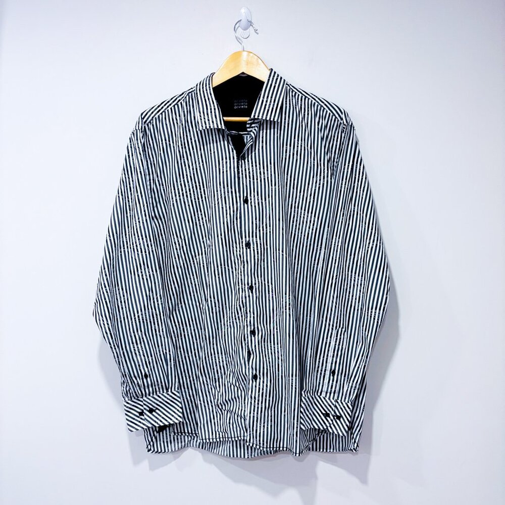 ORVIETO Black White Striped Floral Button Down Shirt‎ | 2XL
